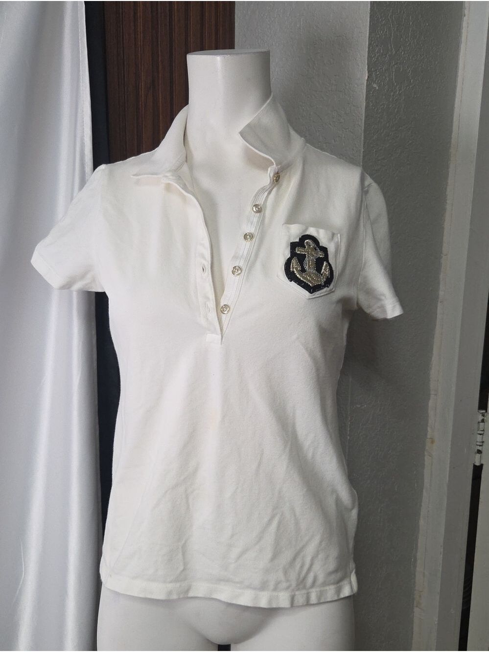 White Polo Shirt with Nautical Anchor Patch Small Sz [1508]